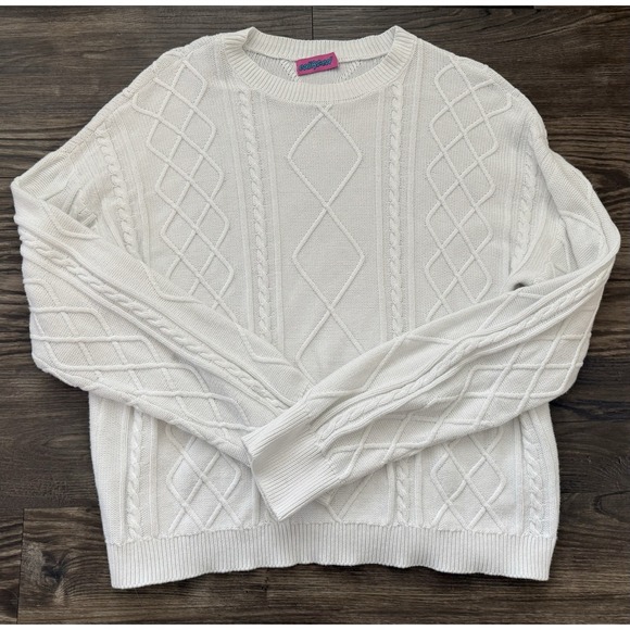 Women's White Crochet Sweater Size L Oversized Fair Isle Knit - Picture 1 of 8